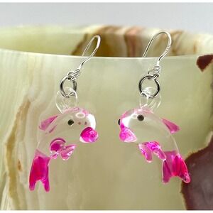 Glass Pink Dolphin Sterling‎ Silver Dangle Earrings